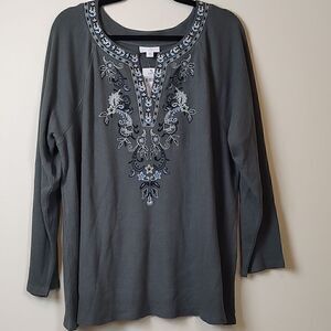 J.Jill Embroidered Long Sleeve Waffle-Knit Raglan Tunic Top Coriander Green NWT